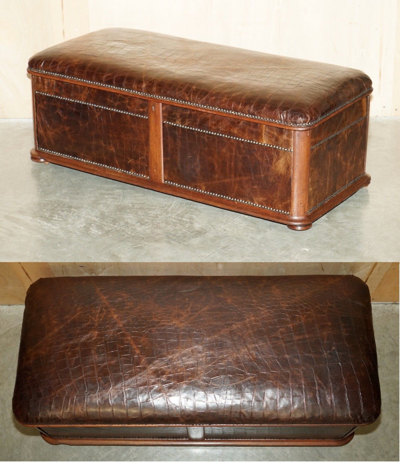 Antique 1860 Mahogany Alligator Crocodile Patina Brown Leather Ottoman Trunk