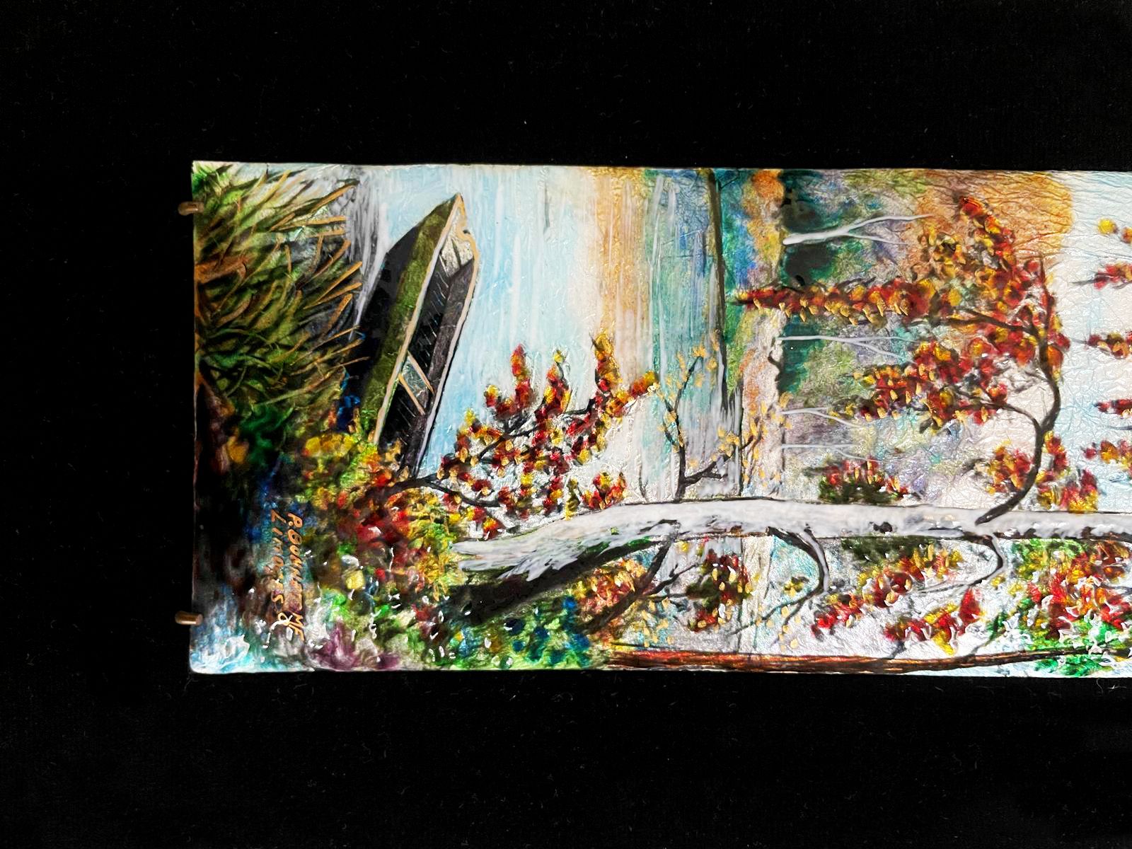 Pair Of Signed P. Bonnet Limoges Enamel Landscape Paintings On Velvet Background, 20th Century photo furniture