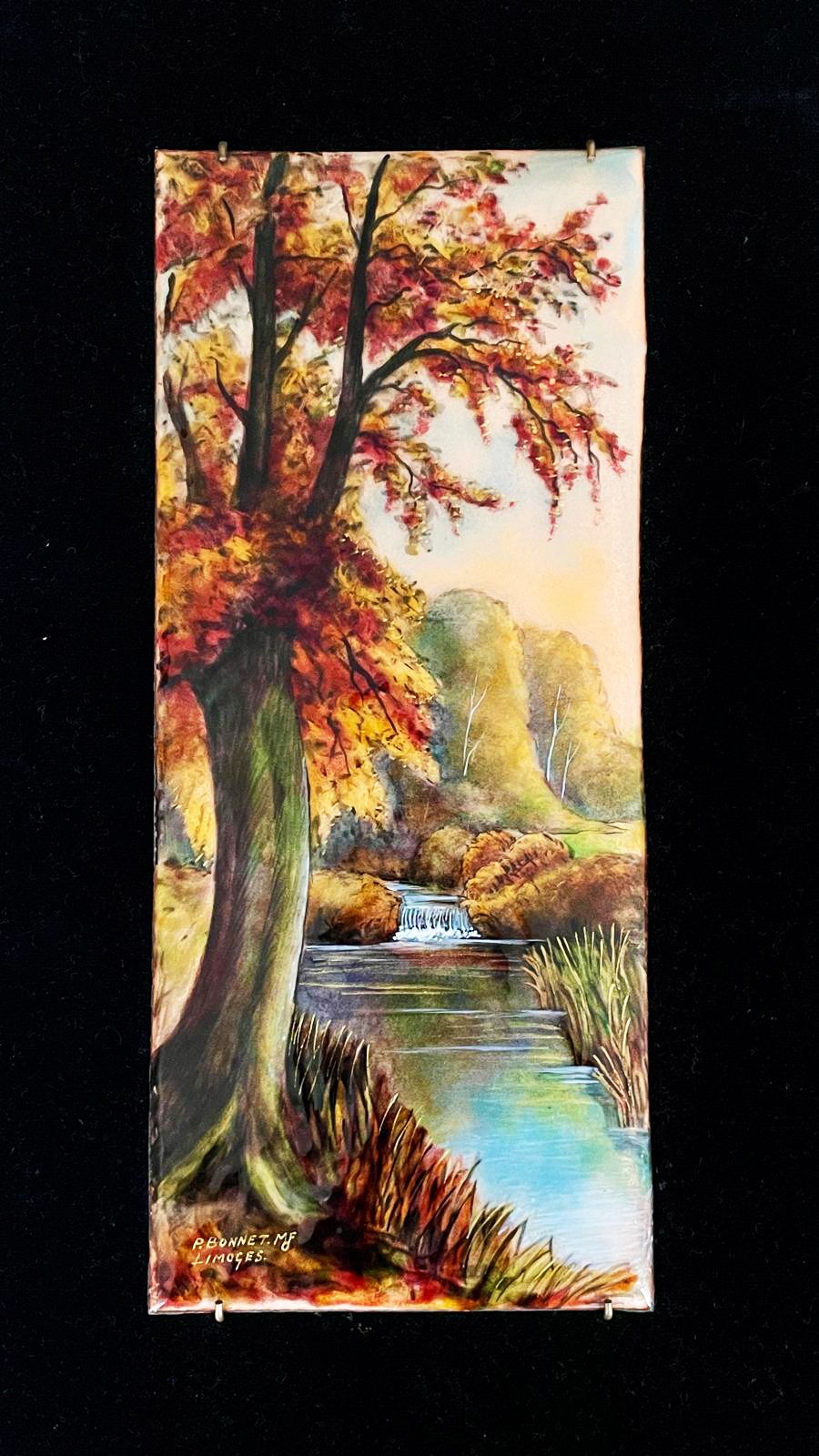 Pair Of Signed P. Bonnet Limoges Enamel Landscape Paintings On Velvet Background, 20th Century photo 500.0