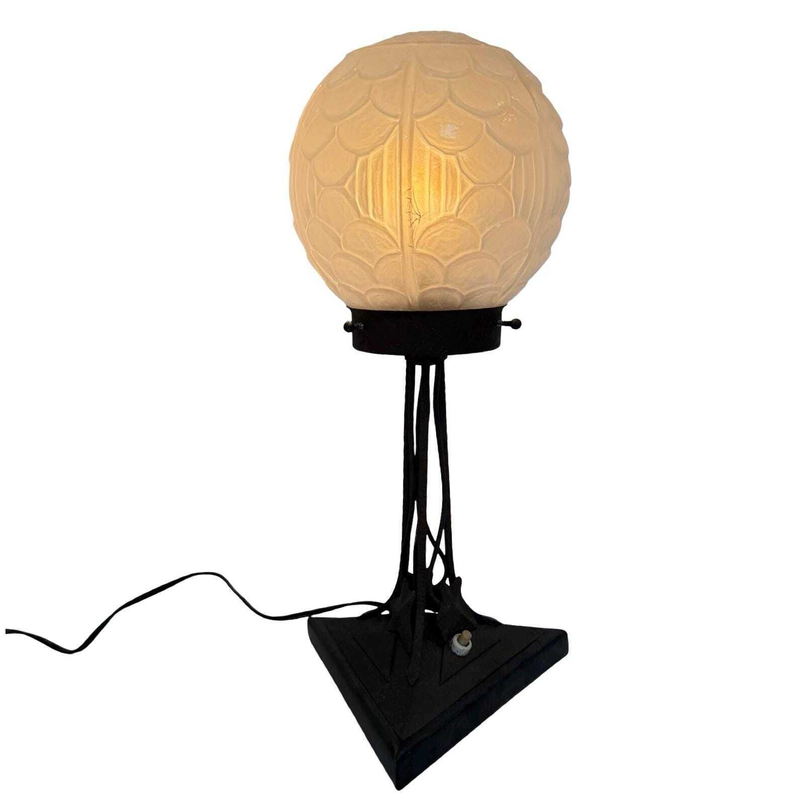 Art Deco   Table Lamp   Satin Glass Dome Resting On Wrought Iron Base   France   Ca. 1930's