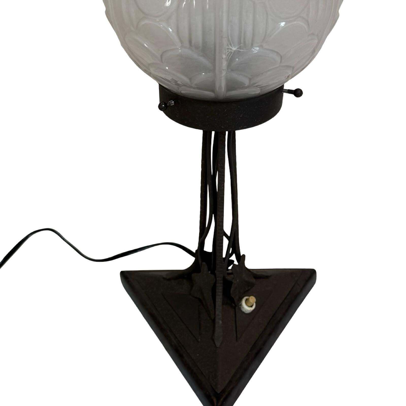 Art Deco   Table Lamp   Satin Glass Dome Resting On Wrought Iron Base   France   Ca. 1930's photo for sale