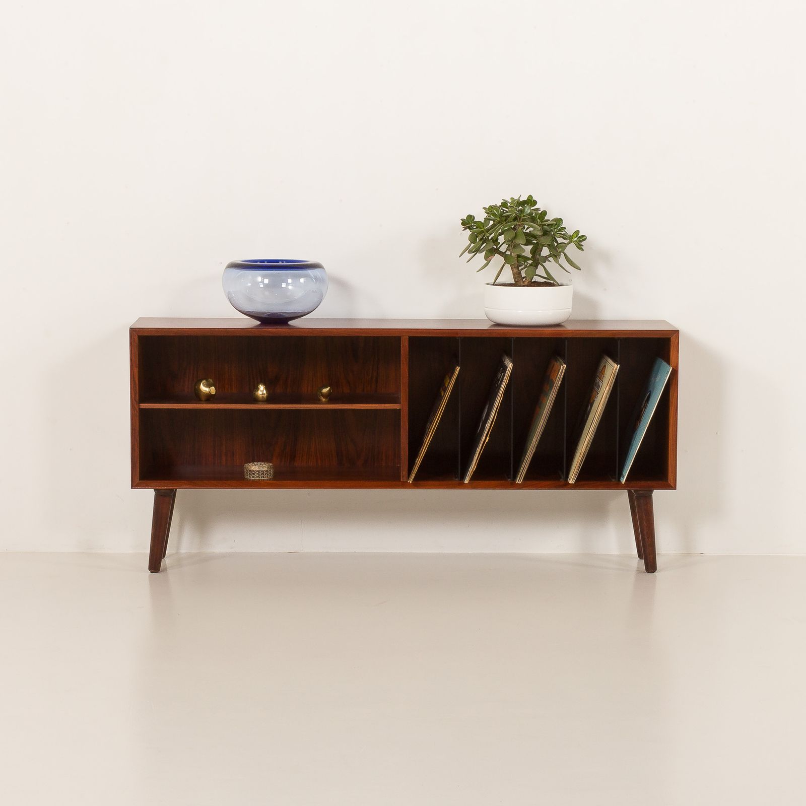 Scandinavian Rosewood Sideboard, Vintage Vinyl Records Cabinet, Denmark 1970s. photo furniture