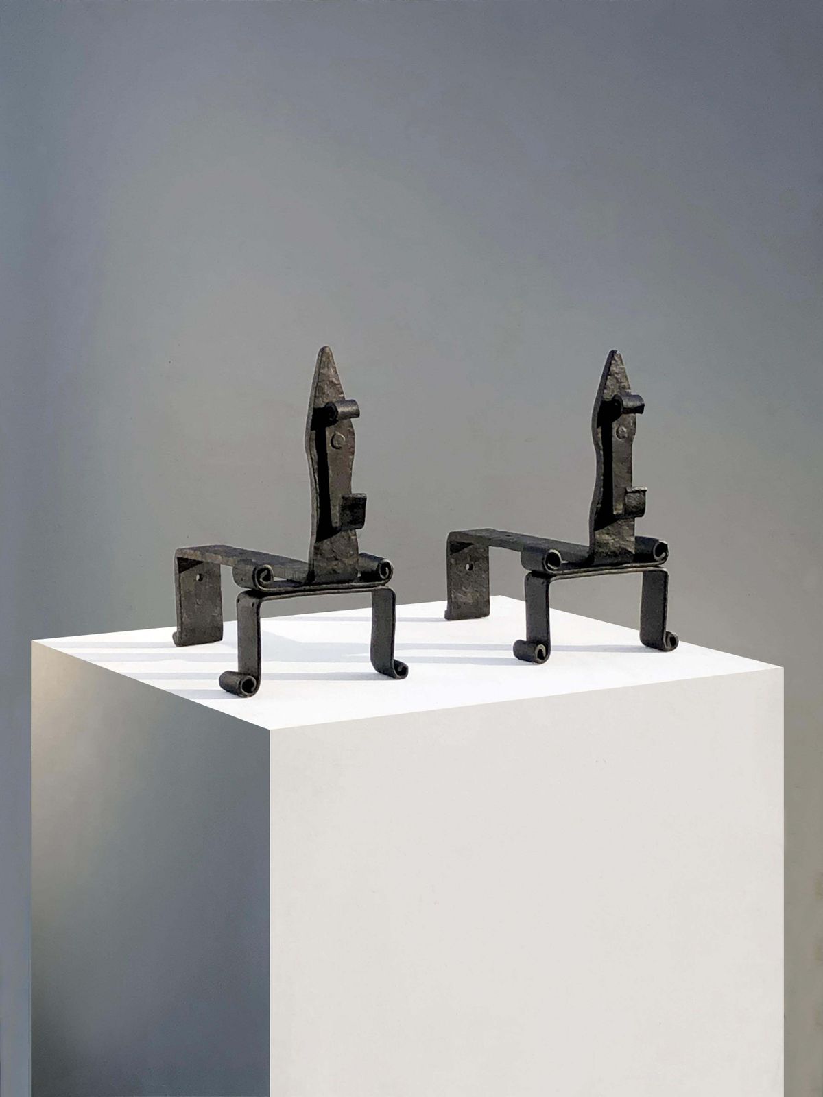 Pair Of Brutalist Neoclassical Shabby Chic Wrought Iron Andirons, France 1960 photo for sale