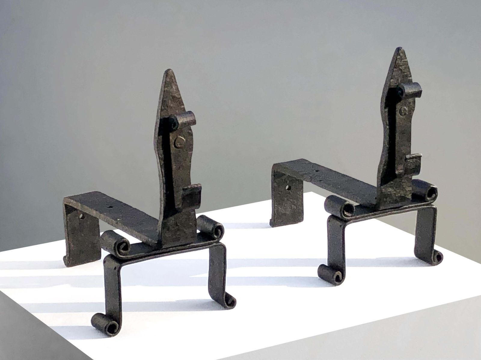 Pair Of Brutalist Neoclassical Shabby Chic Wrought Iron Andirons, France 1960 photo vintage