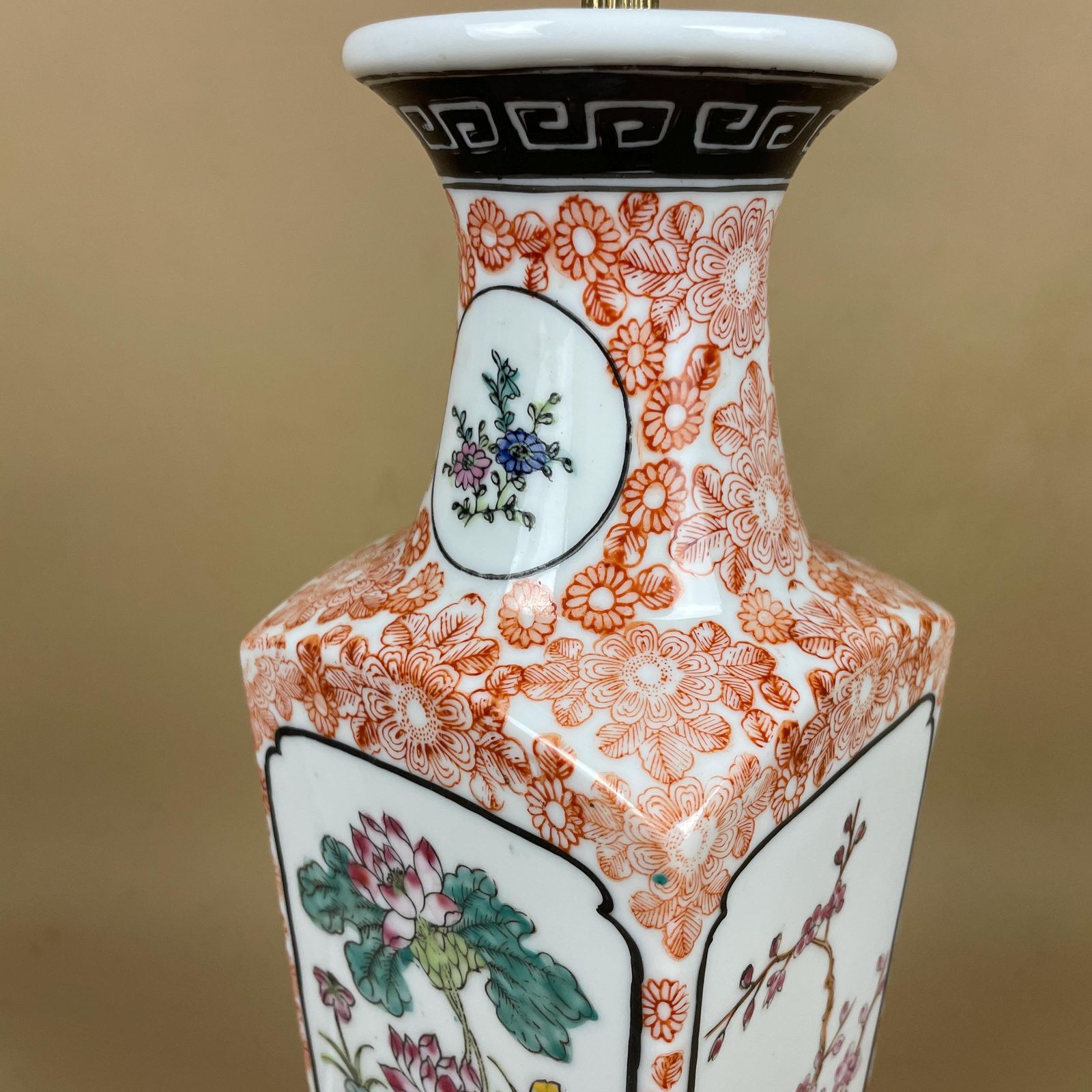 Vintage Ceramic Lamp Light Bedside Table Hand Painted Floral Design Pattern Wood Base Oriental Chinese Vase White Antique Brass Ginger Jar photo for sale