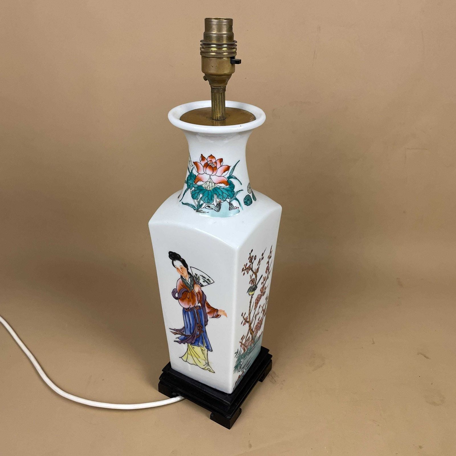 Vintage Ceramic Lamp Light Bedside Table Hand Painted Floral Design Pattern Wood Base Oriental Japanese Vase White Antique Brass Ginger Jar photo furniture