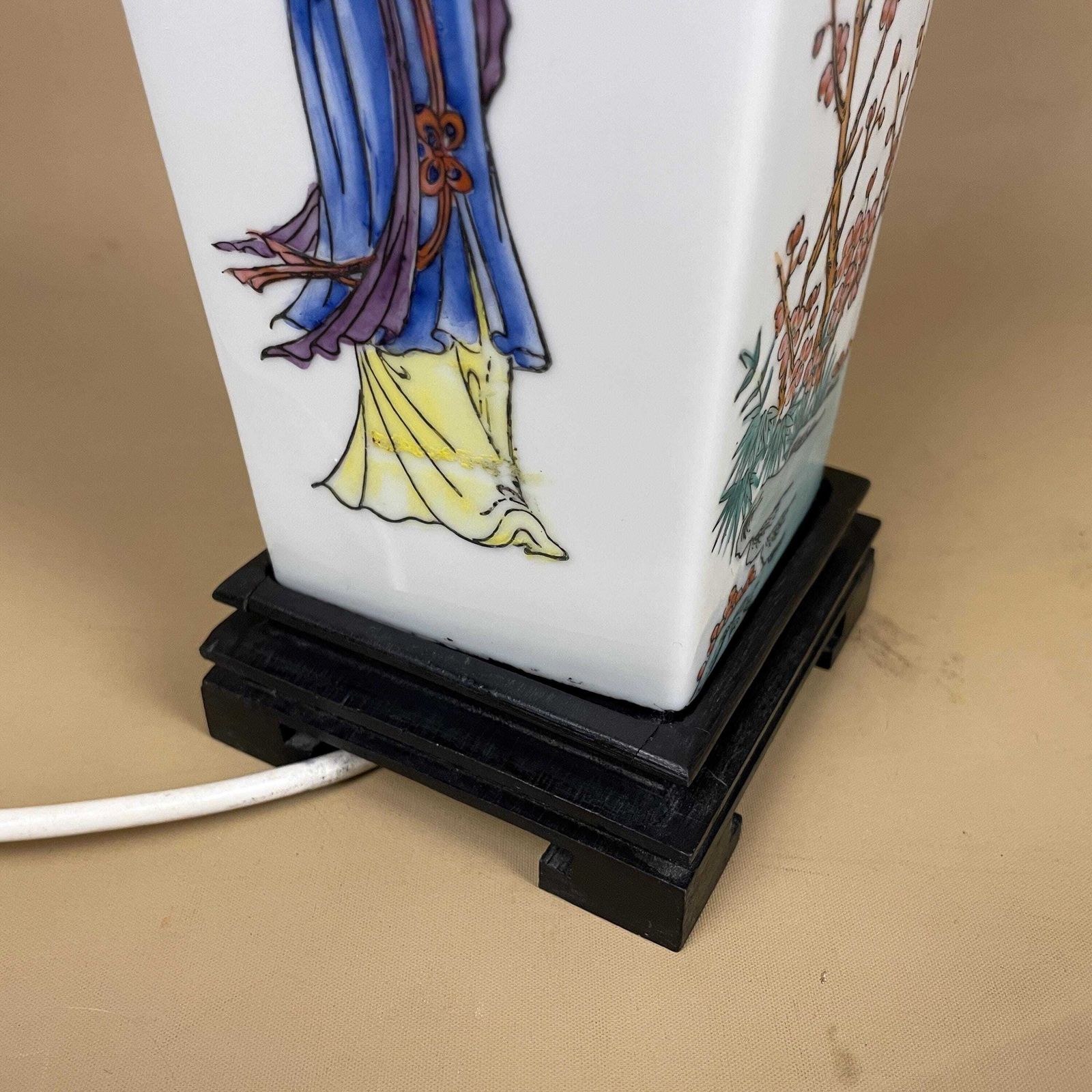 Vintage Ceramic Lamp Light Bedside Table Hand Painted Floral Design Pattern Wood Base Oriental Japanese Vase White Antique Brass Ginger Jar photo Lighting
