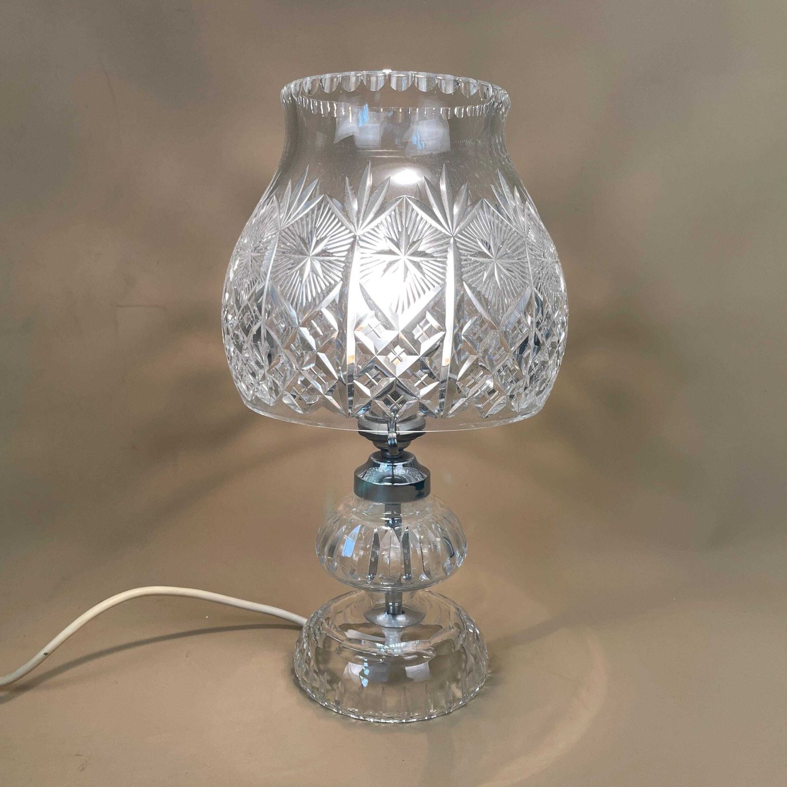 Antique Clear Cut Glass Lamp Light Bedside Table Silver Fitting Art Deco Scalloped Edge Vintage Dome Round Shade Patterned Pattern Oil photo furniture
