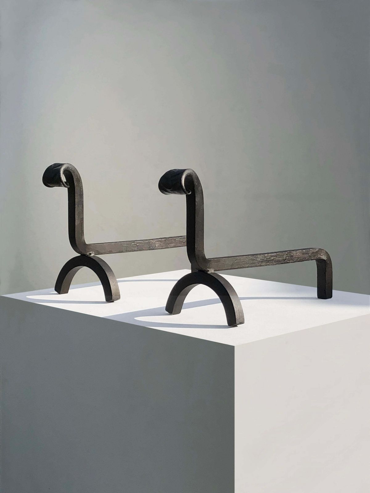 Pair Of Art Deco Brutalist Shabby Chic Wrought Iron Andirons, France 1960 photo vinterior