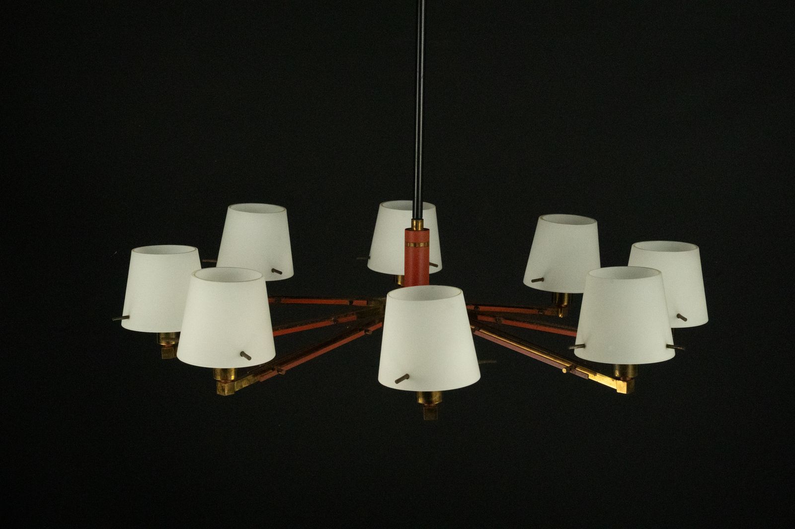 photo furniture Mid Century 8 Arms Stilnovo Chandelier In Opaline, Brass And Red Lacquer. Italy 1950s
