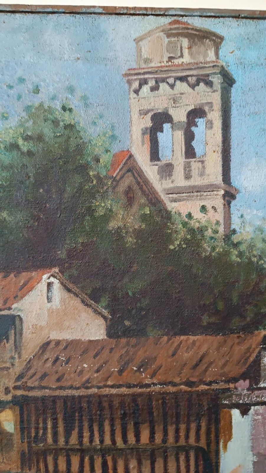 Painting Oil On Canvas Antique Country Glimpse Late 19th Century photo vintage