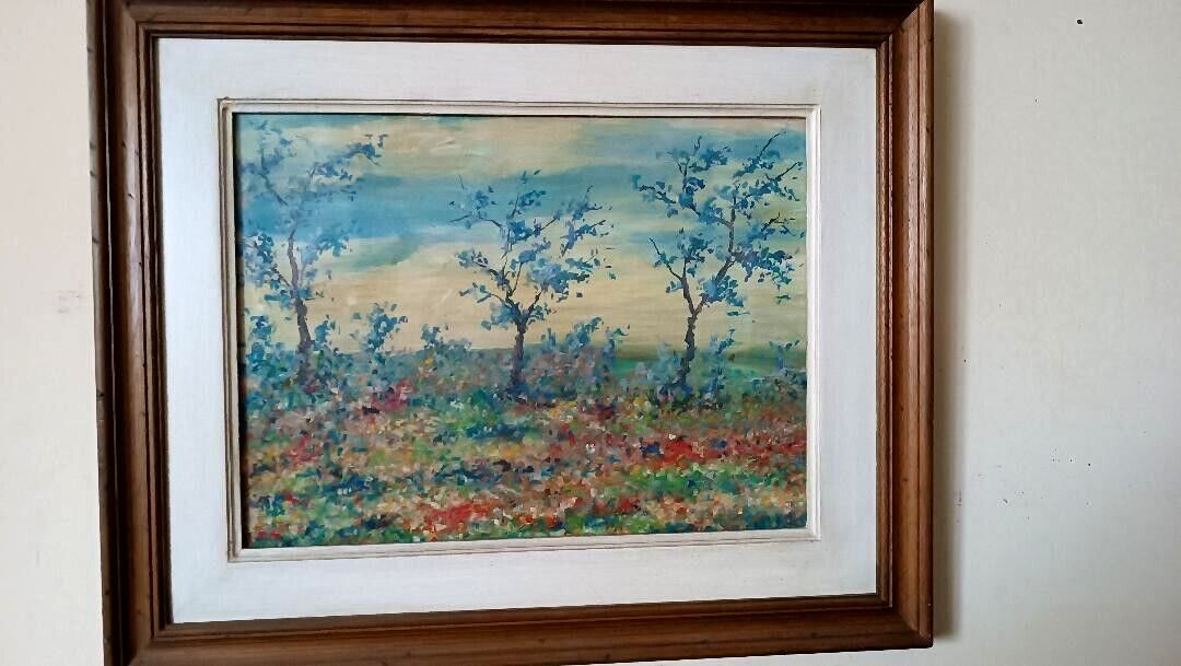 Oil Painting On Board Landscape Countryside Flowery Meadow Signed And Dated photo Art