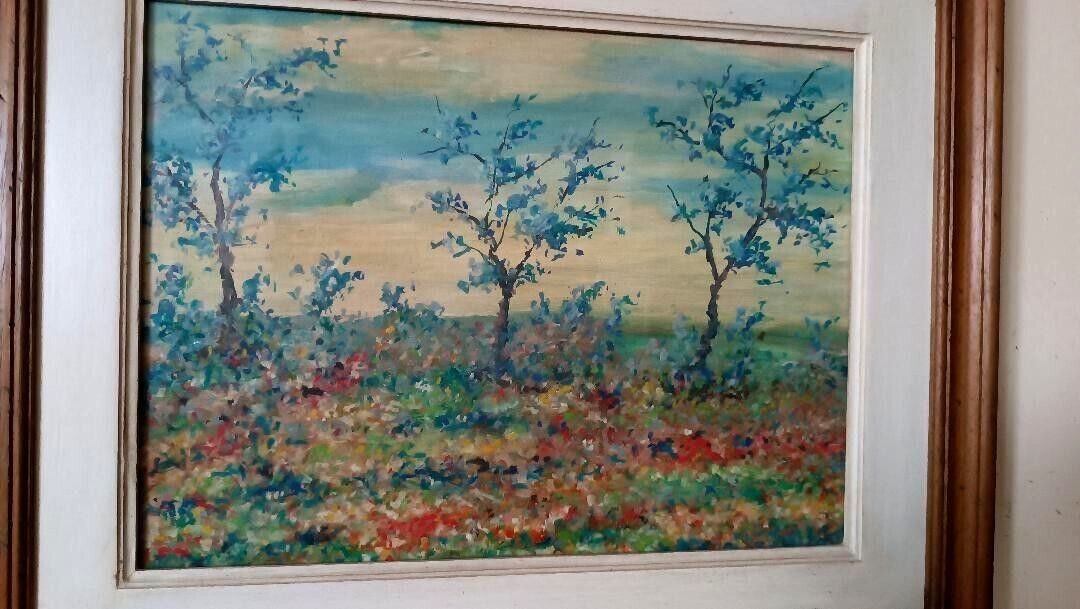 Oil Painting On Board Landscape Countryside Flowery Meadow Signed And Dated photo 121.0