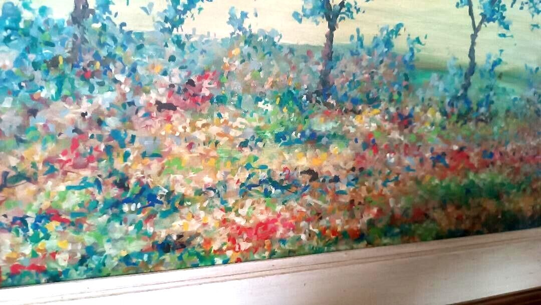 Oil Painting On Board Landscape Countryside Flowery Meadow Signed And Dated photo vintage
