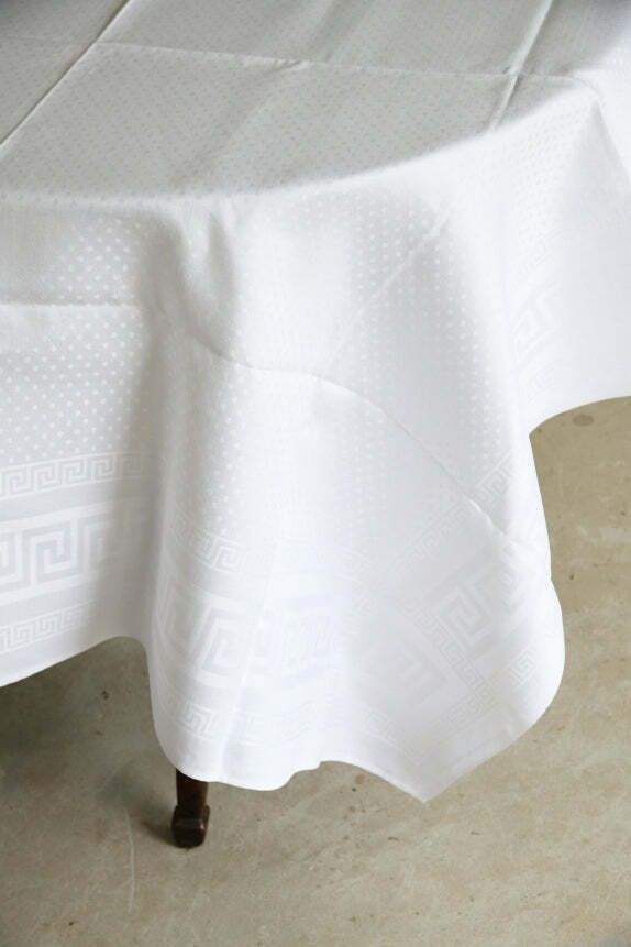 Large Greek Key White Damask Linen Tablecloth