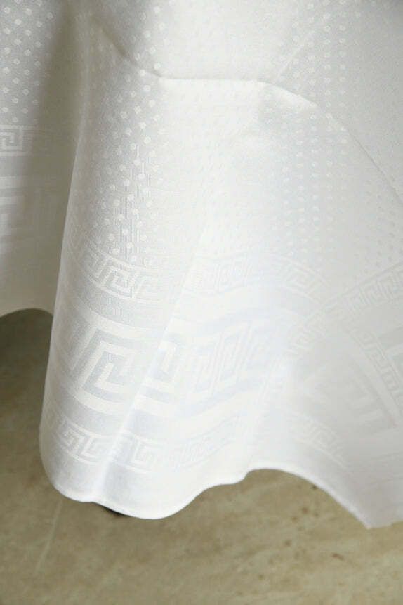 Large Greek Key White Damask Linen Tablecloth photo vinterior