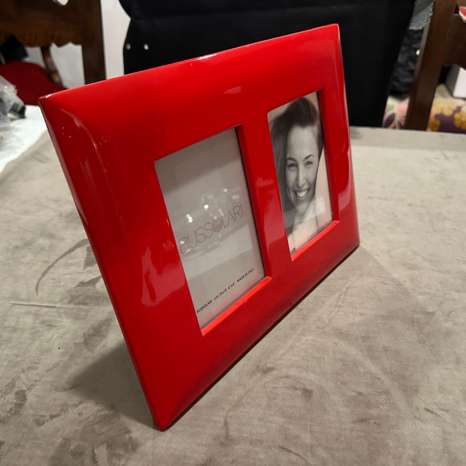 photo vinterior 1990s Modern Red Lacquered Wood Italian Design Double Picture Frame By Bussolari