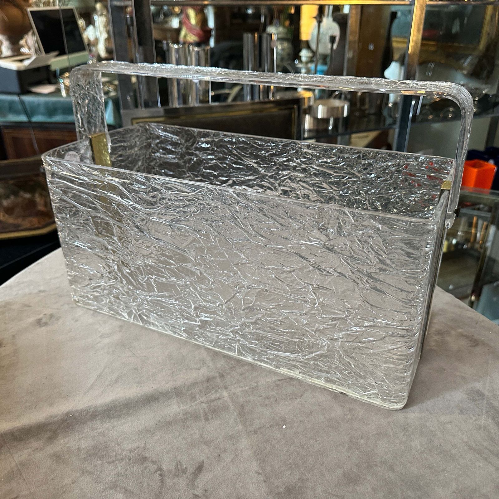 1980s Modern Iced Lucite And Brass Italian Design Magazine Rack By Cavinato photo furniture
