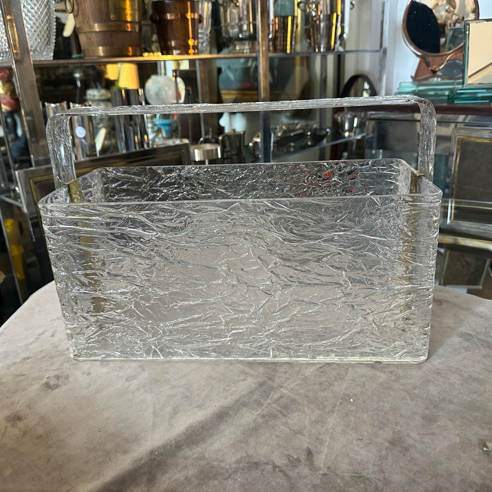 1980s Modern Iced Lucite And Brass Italian Design Magazine Rack By Cavinato photo for sale