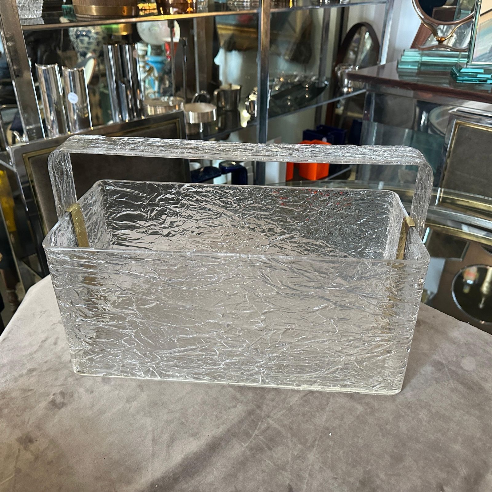 1980s Modern Iced Lucite And Brass Italian Design Magazine Rack By Cavinato photo vinterior