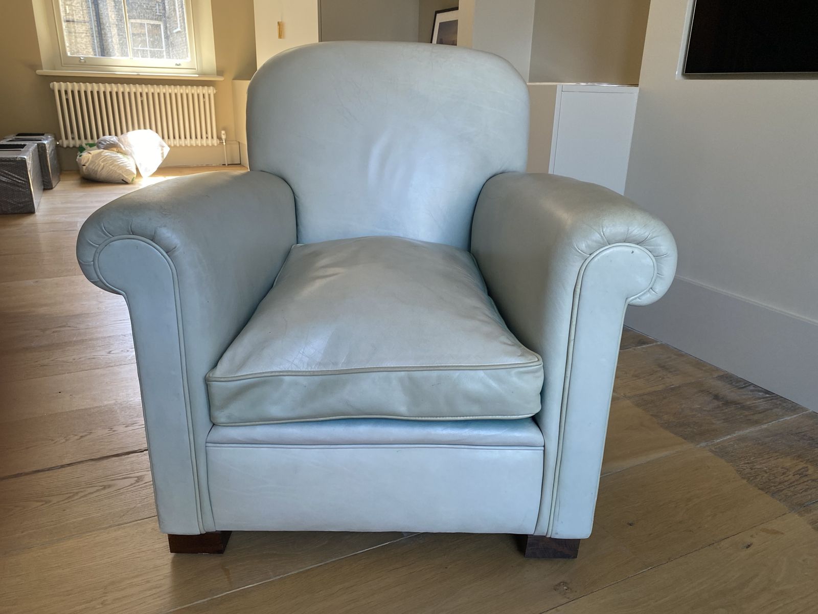 Mid Century Living Room Chair Upholstered In Duck Egg Blue Leather photo vinterior