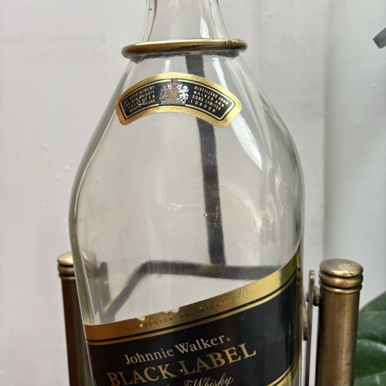 Vintage Johnnie Walker Black Label 12 Yr Old Whisky Bottle Brass Leather Plinth photo for sale
