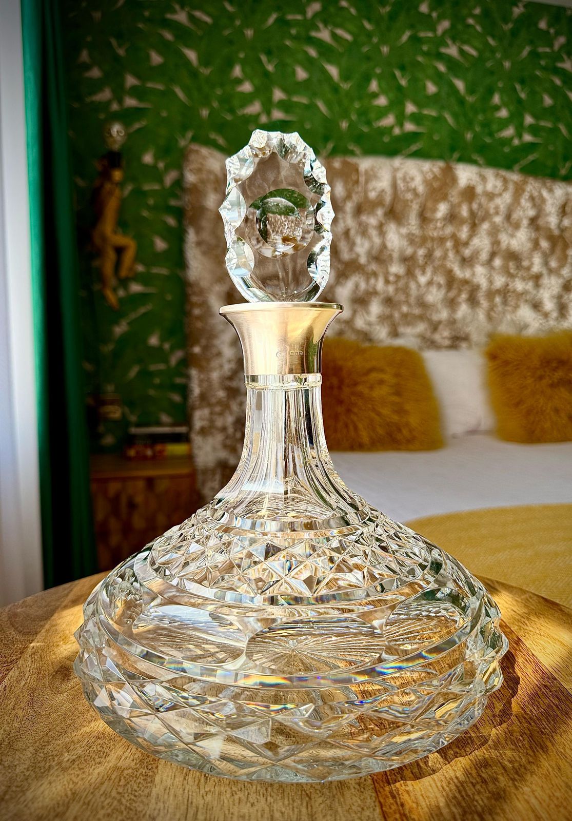 Vintage Cut Glass Ship's Decanter With Sterling Silver Collar By Israel Freeman & Son Ltd, 1968 photo for sale
