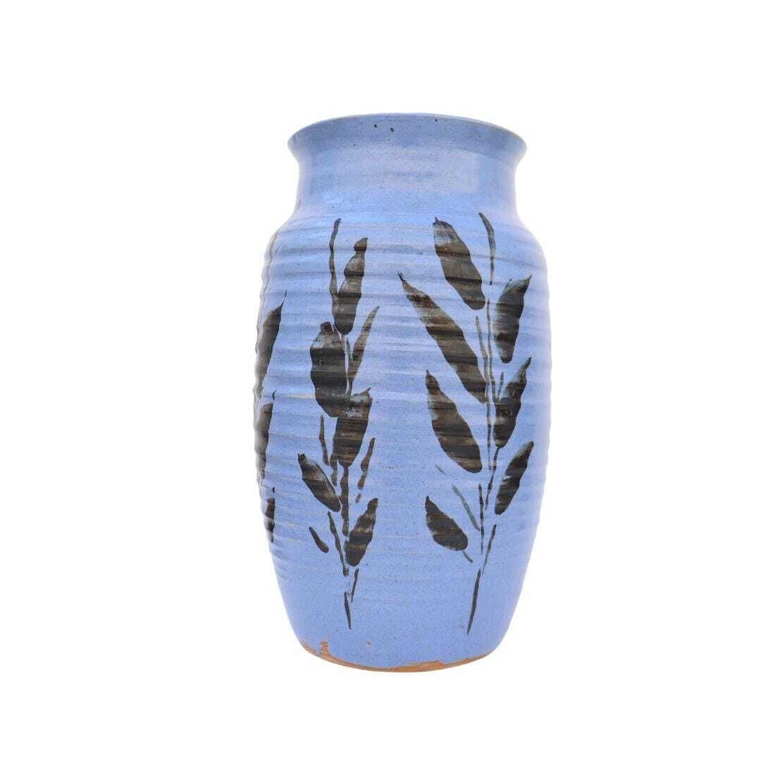 Large 1950's Mid Century Studio Pottery Vase Periwinkle Blue Tone Glaze Leave Decoration By Walther C photo vinterior