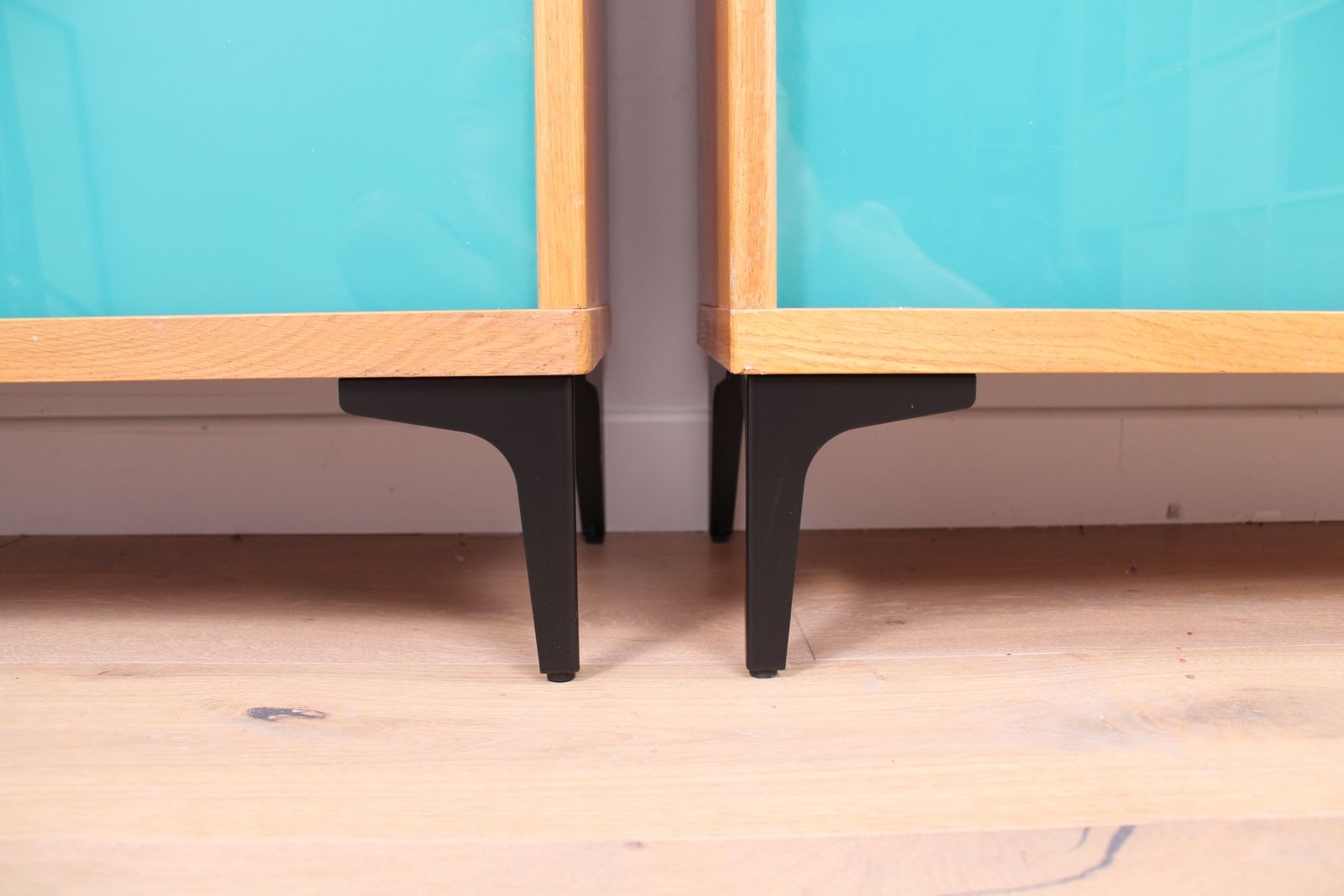 A Vintage Mid Century Bookcase With Teal And White Sliding Doors 1 Of 2 photo for sale