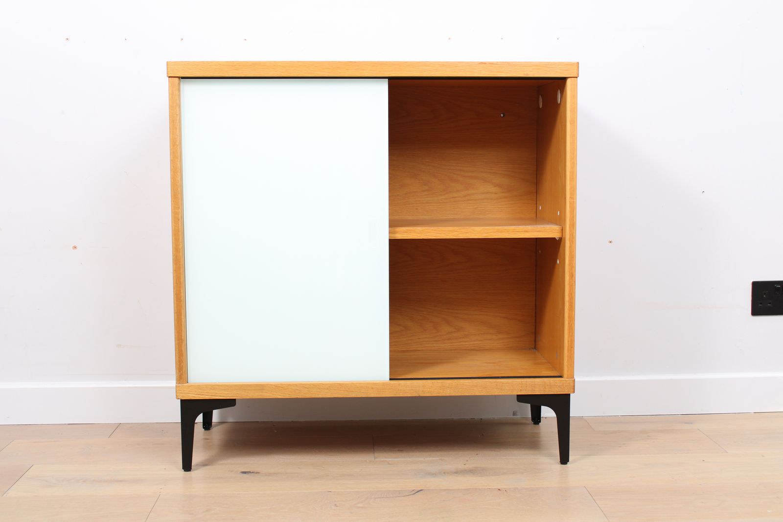 A Vintage Mid Century Bookcase With Teal And White Sliding Doors 1 Of 2 photo vinterior