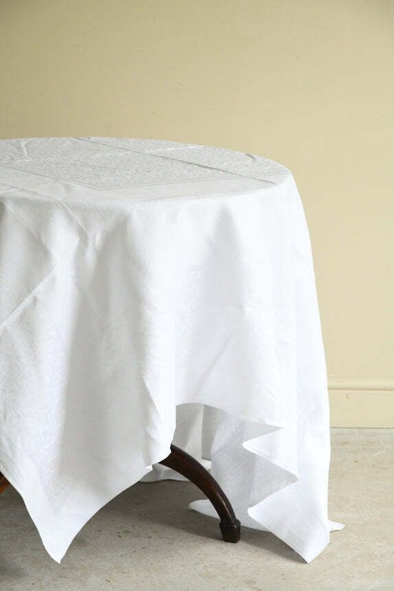 Large Square White Linen Damask Tablecloth photo for sale