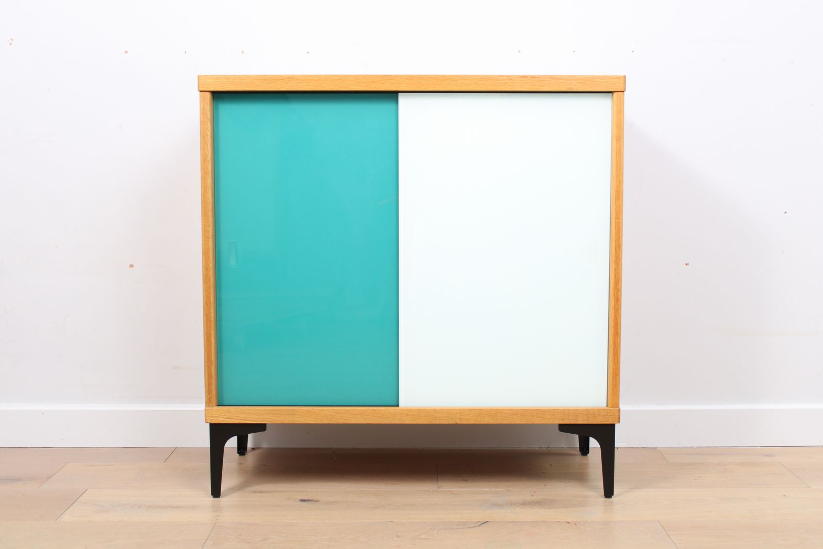 Copy Of A Vintage Mid Century Bookcase With Teal And White Sliding Doors 2 Of 2 photo furniture