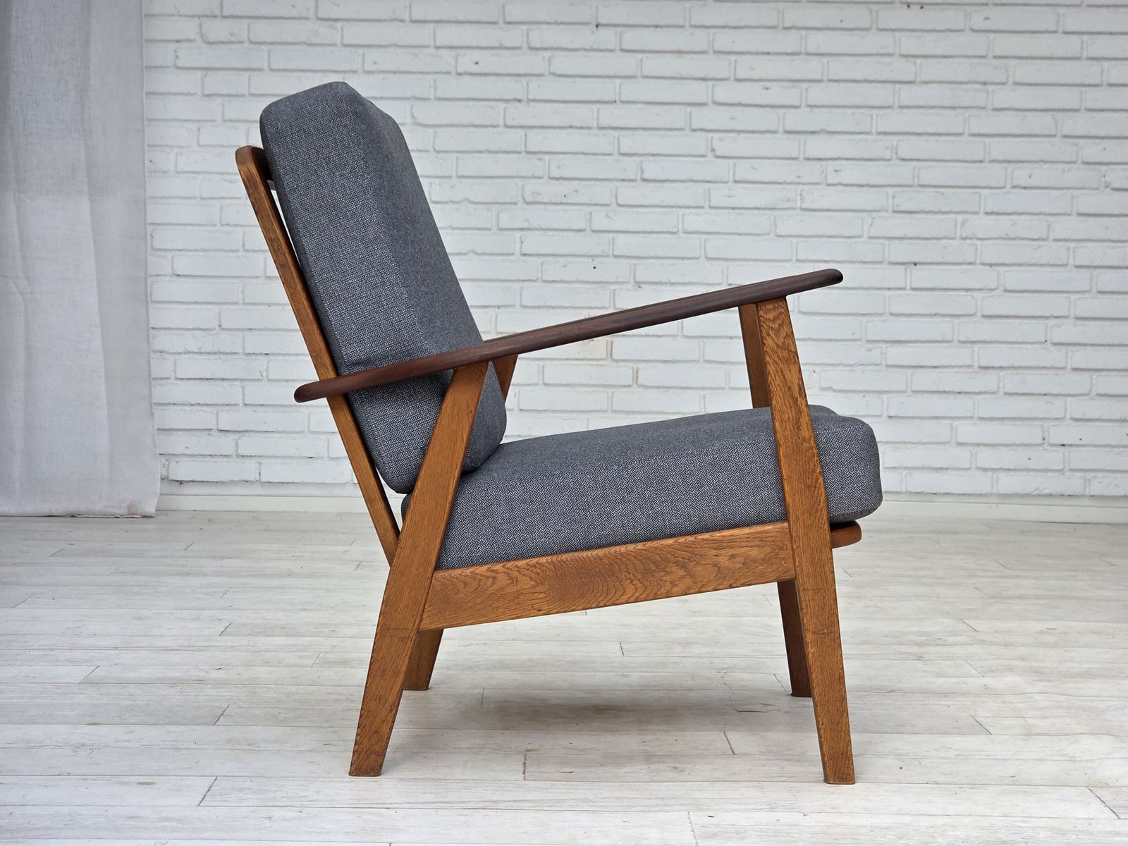 photo furniture 1970s, Pair Of Danish Armchairs, Reupholstered, Furniture Wool, Teak And Oak Wood.