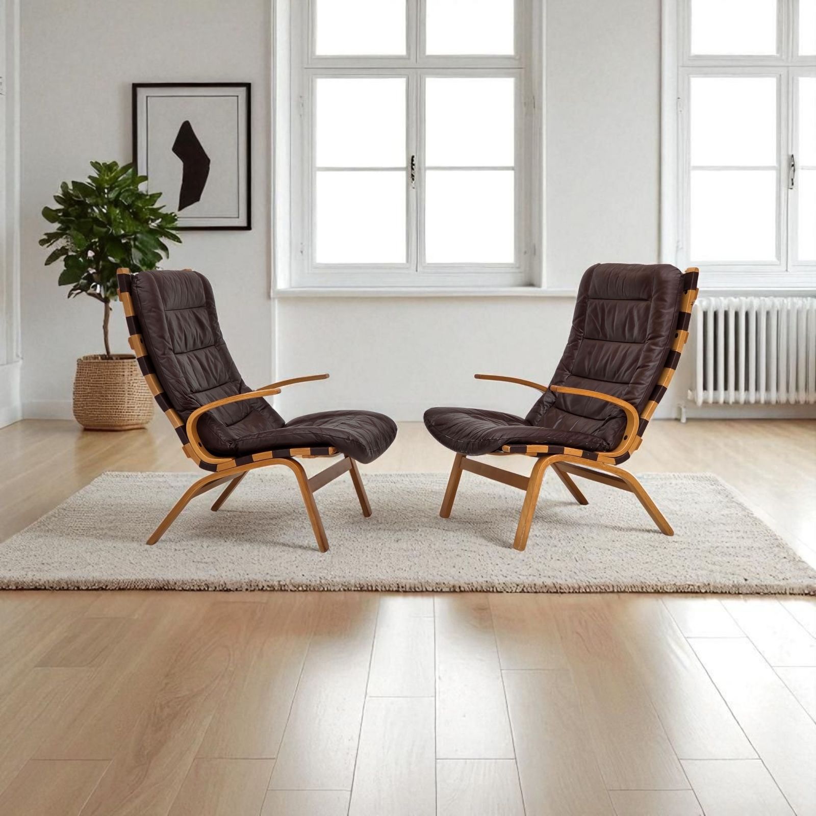 1970s, Danish Design By Farstrup, Set Of 2 Armchairs, Furniture Leather, Bent Wood.