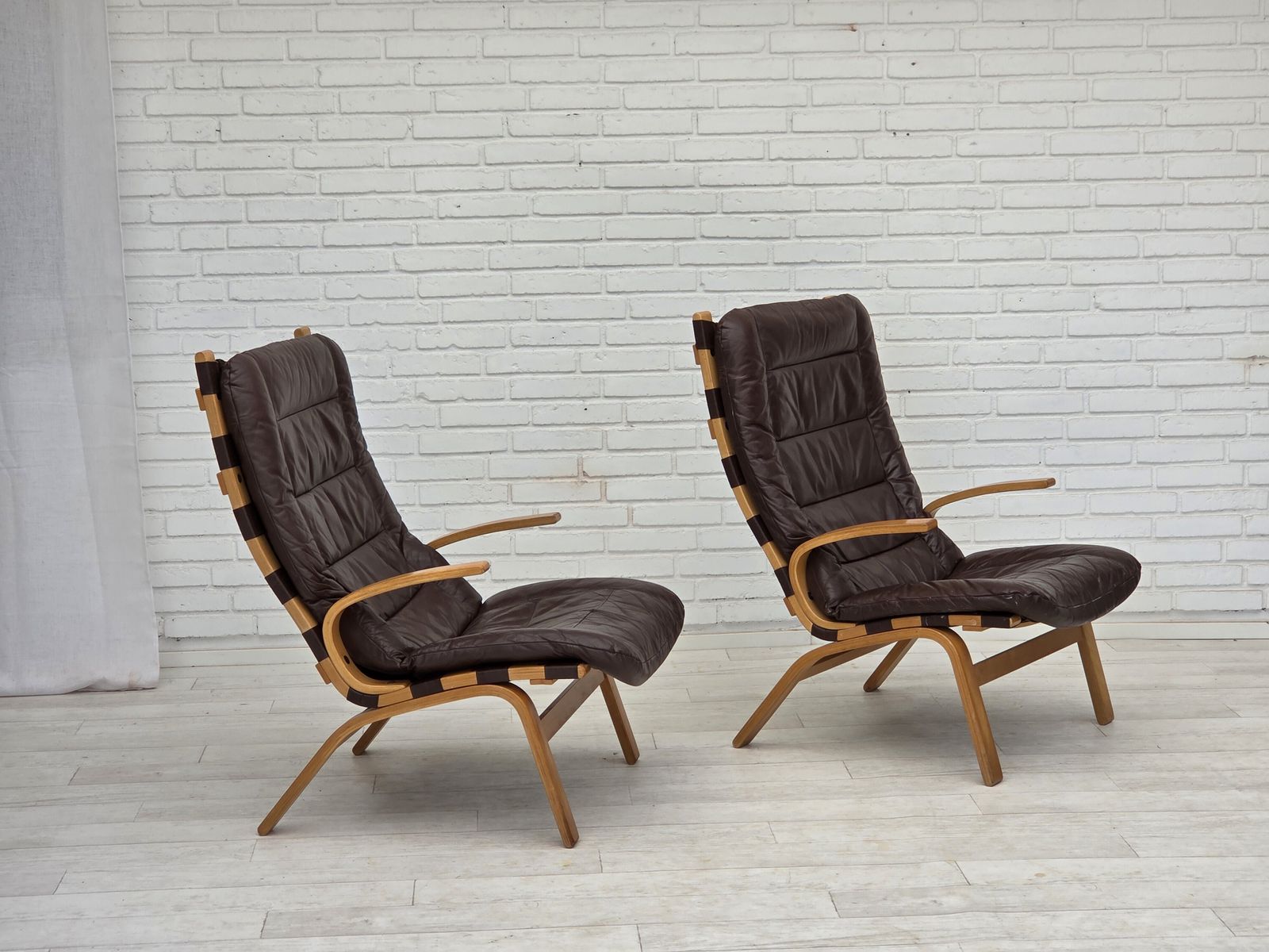 1970s, Danish Design By Farstrup, Set Of 2 Armchairs, Furniture Leather, Bent Wood. photo for sale