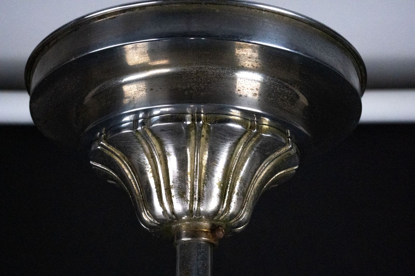 Art Deco Italian Chandelier In Nickel Brass And Frosted Glass, 1930s photo for sale
