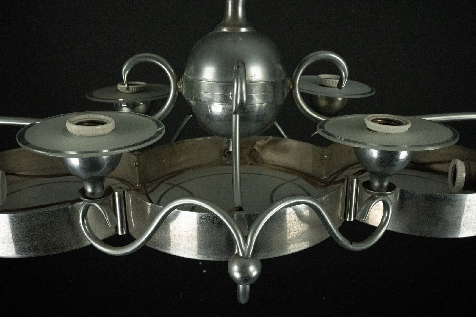 Art Deco Italian Chandelier In Nickel Brass And Frosted Glass, 1930s photo Lighting