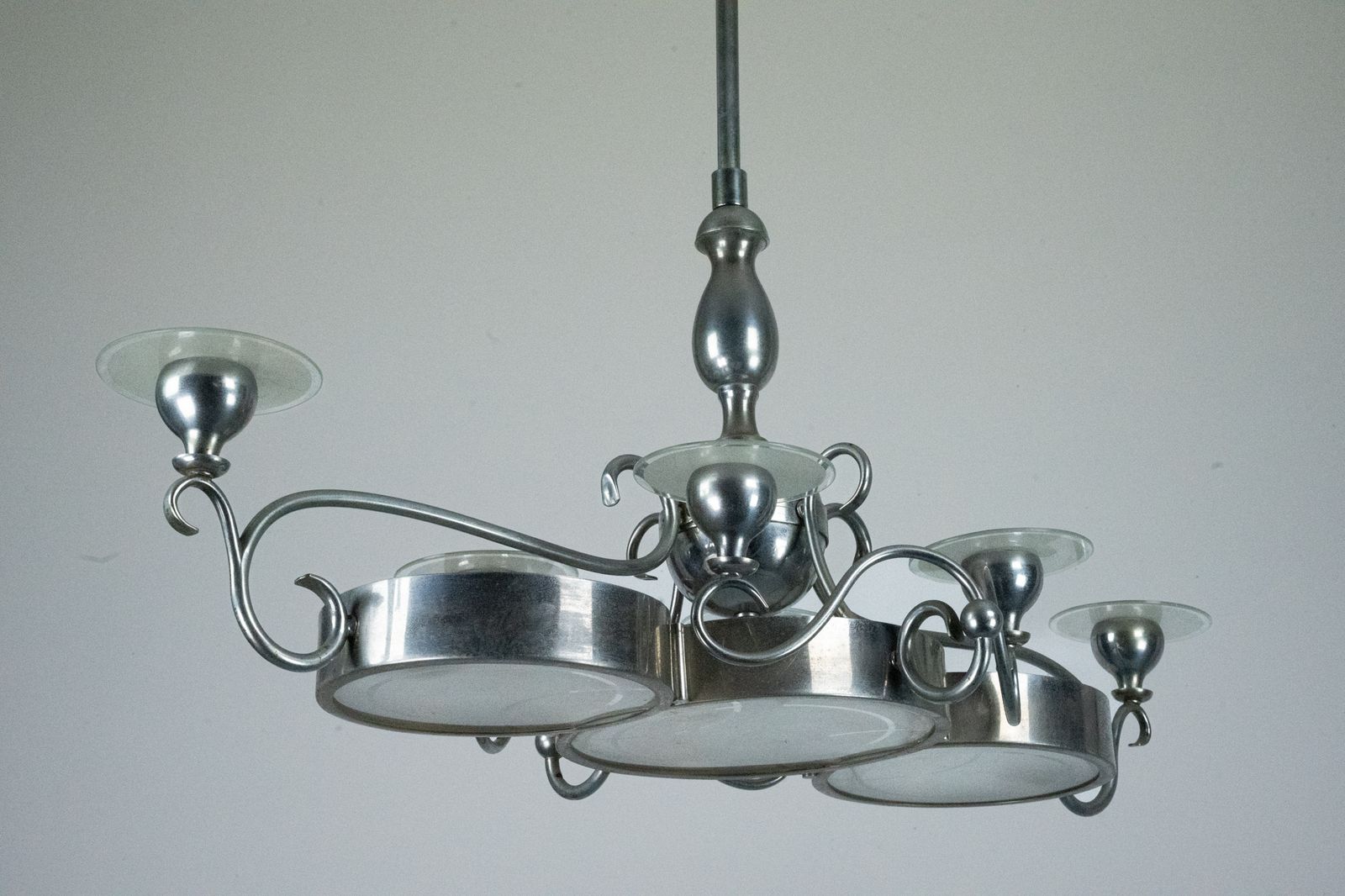 Art Deco Italian Chandelier In Nickel Brass And Frosted Glass, 1930s photo vinterior