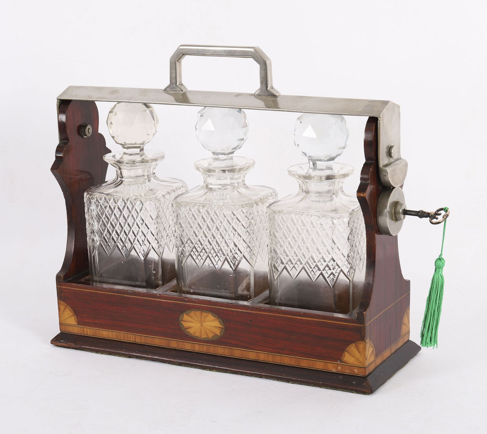 Antique Inlaid Walnut Three Cut  Crystal Decanter Tantalus C1870 19th C photo for sale