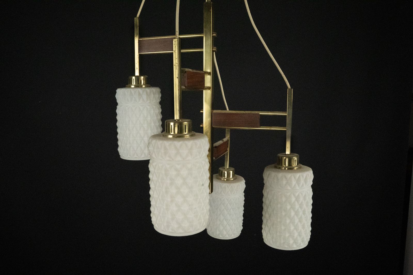 Lighting Mid Century Modern Brass & Glass Chandelier In Stilnovo Style, Italy 1950s photo