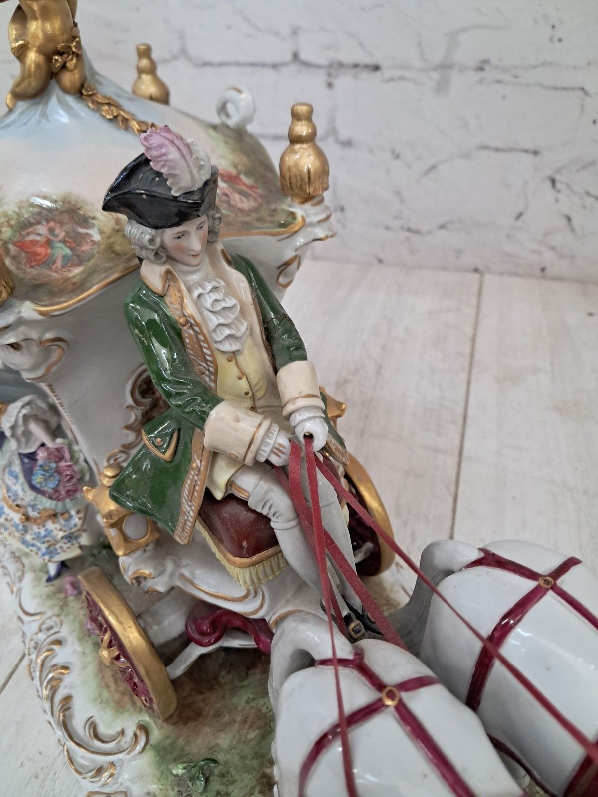 Art Vintage German Scheibe Alsbach Porcelain Horse & Carriage Figurine Large Rococo photo