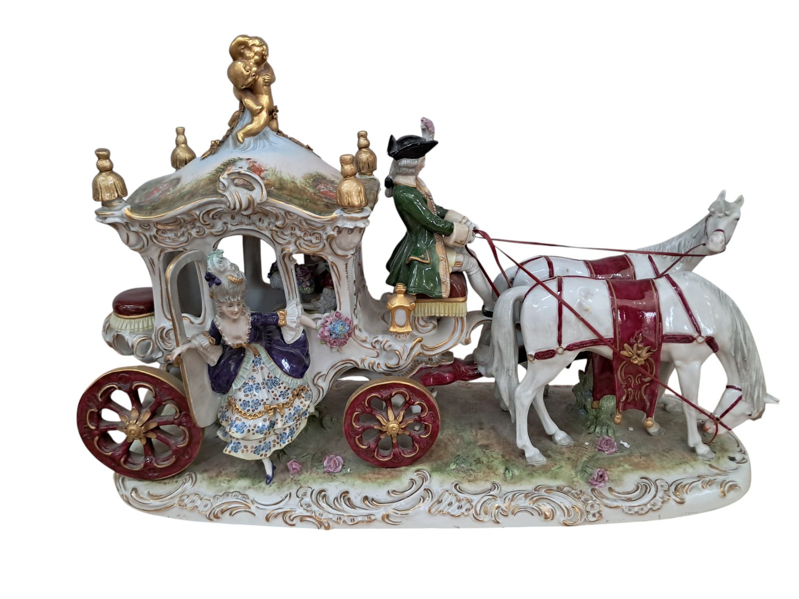 Vintage German Scheibe Alsbach Porcelain Horse & Carriage Figurine Large Rococo