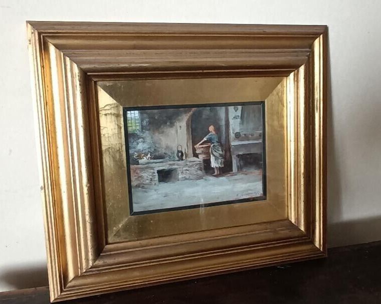 Oil On Tablet "The Laundress" Gino Tommasi (1880 1942), First 20th Century photo furniture