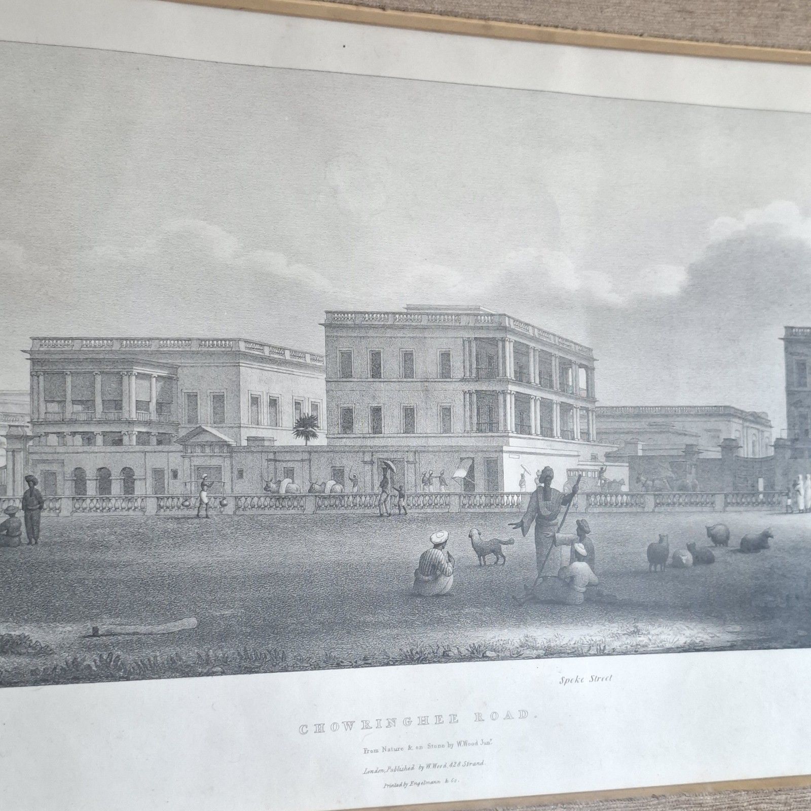 William Wood Lithograph Chowringhee Road Speke Street Calcutta 12 Framed Antique photo furniture