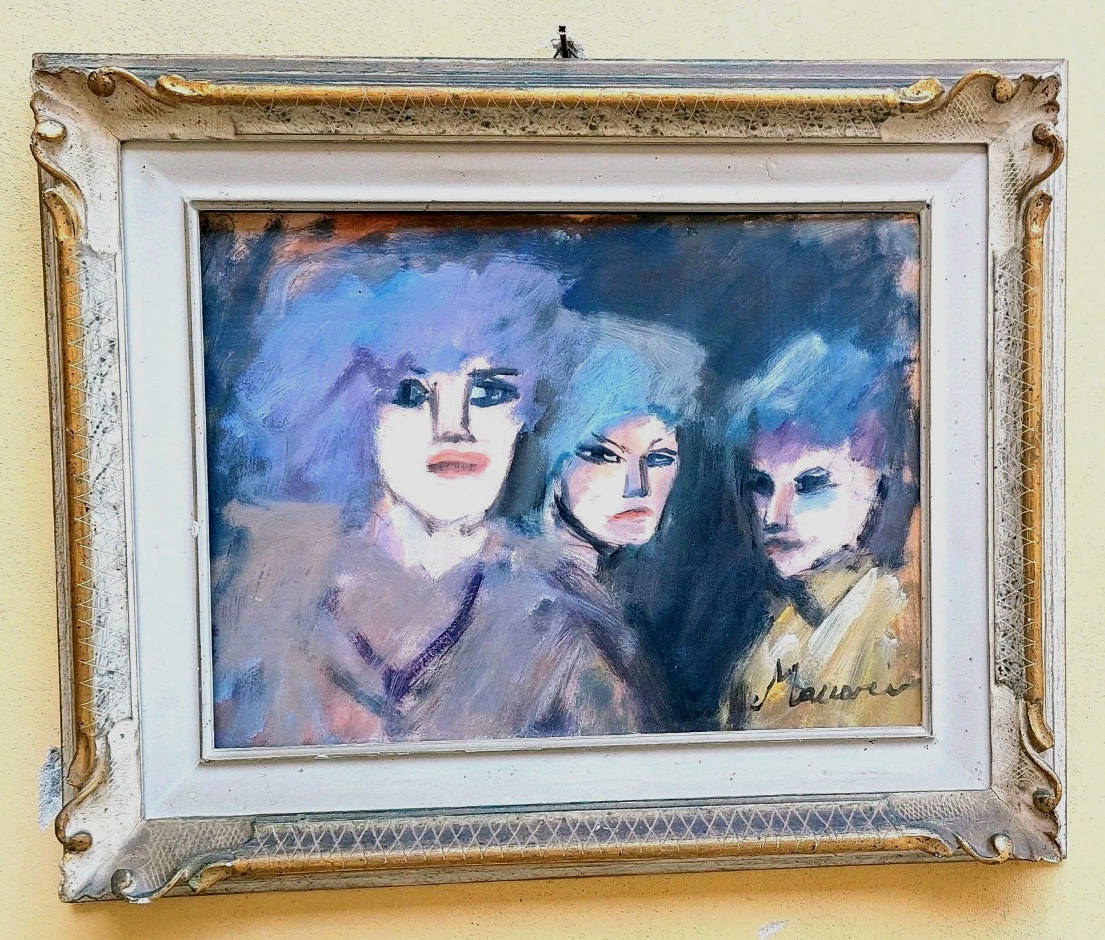 Mino Maccari Oil Pressed Cardboard 30x40 Three Female Figures