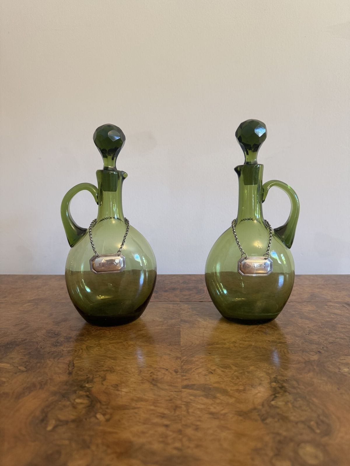 Fine Quality Pair Of Victorian Green Glass Spirit Decanters photo Home Decor