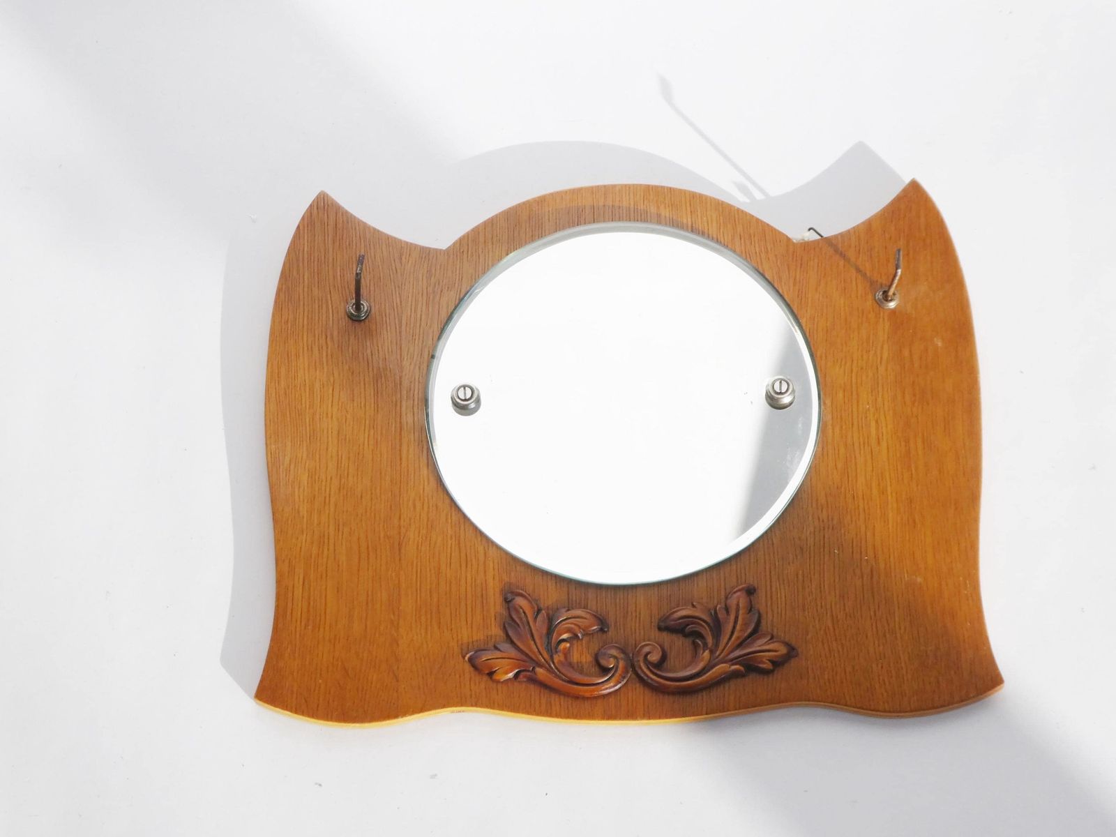 Old Wooden Wall Mirror With Hooks, Ornate Small Vanity Round Mirror, Floral Carved Wall Hanging, Farmhouse Decor photo 136.0