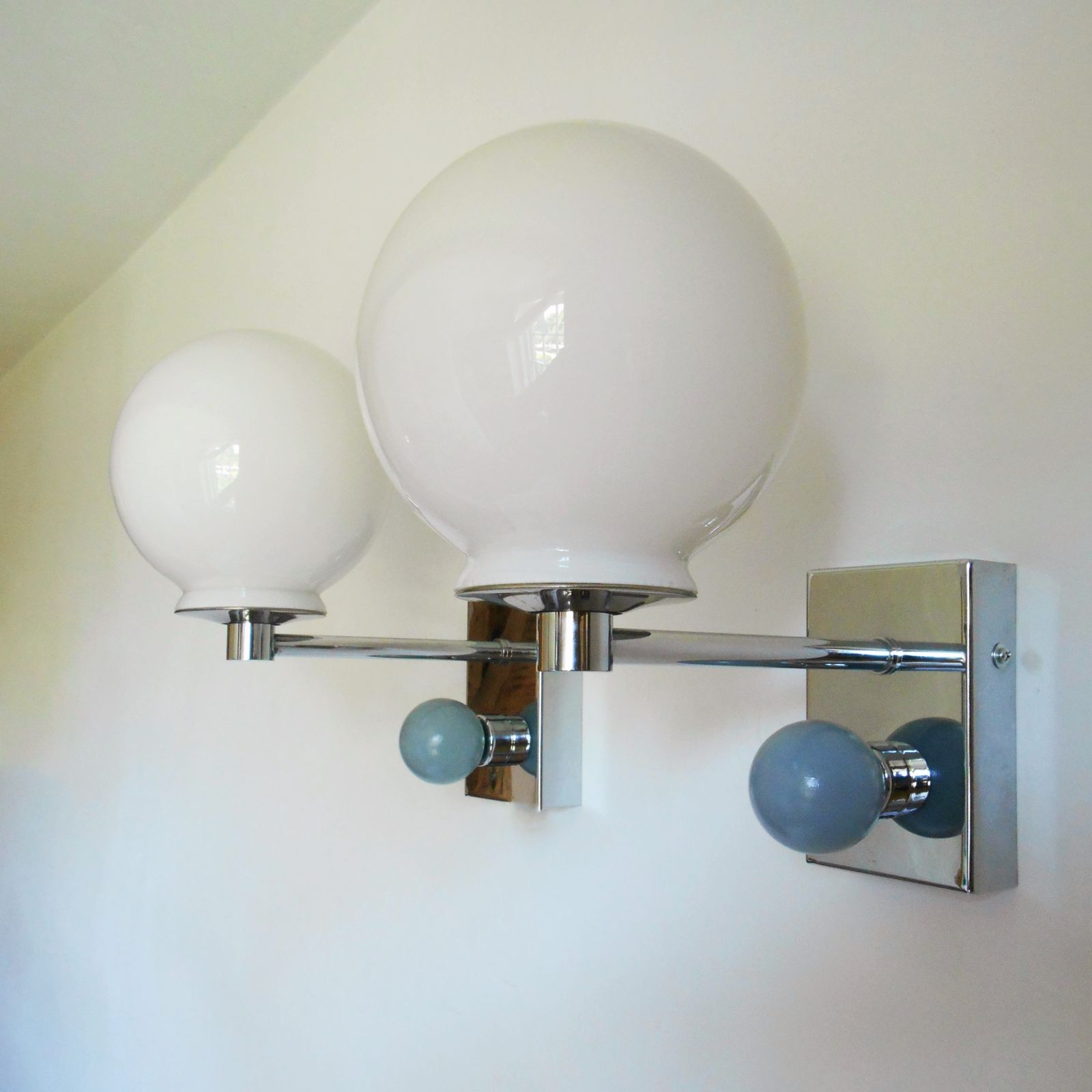A Pair Of Unique Silver Chrome Wall Lamps With White Glass Globe Shades photo buy