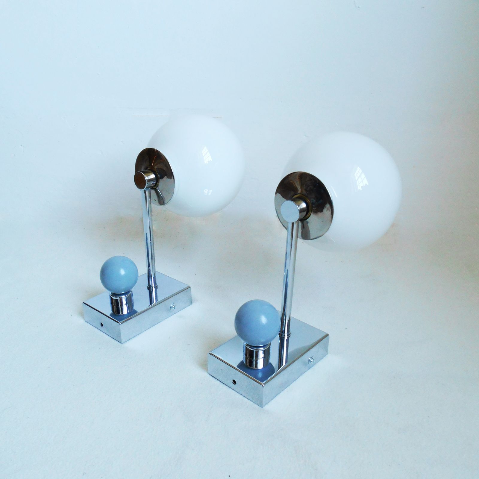 A Pair Of Unique Silver Chrome Wall Lamps With White Glass Globe Shades photo vintage
