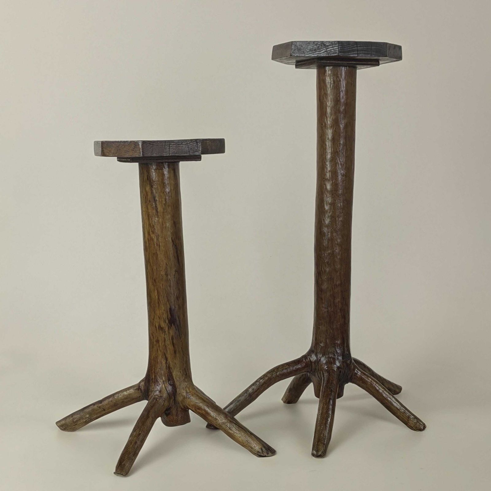 Antique French Folk Primitive Art Wood Pedestal Stands Pair Rustic Decor Early 20th Century Display Tree Trunk Branch Flower Pot Plant Stand photo buy